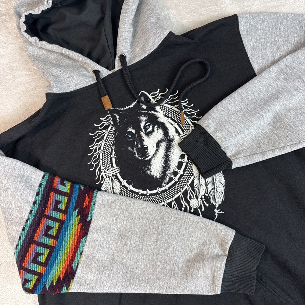 Wolf Hoodie Tribal Navajo Southwest Hippie Native Feather Spirit Animal Pullover